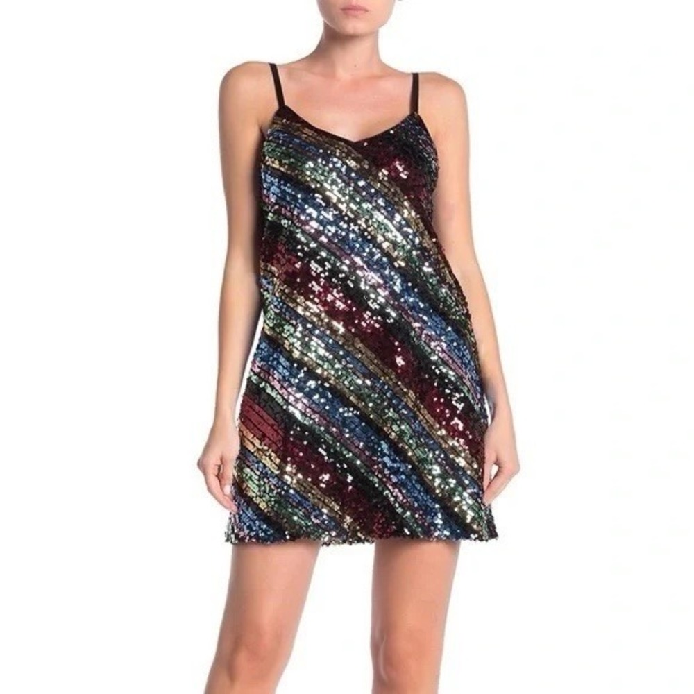 Free Press Sequin Mini Dress Medium Rainbow Stripe Sparkly Slip Party NYE Y2K